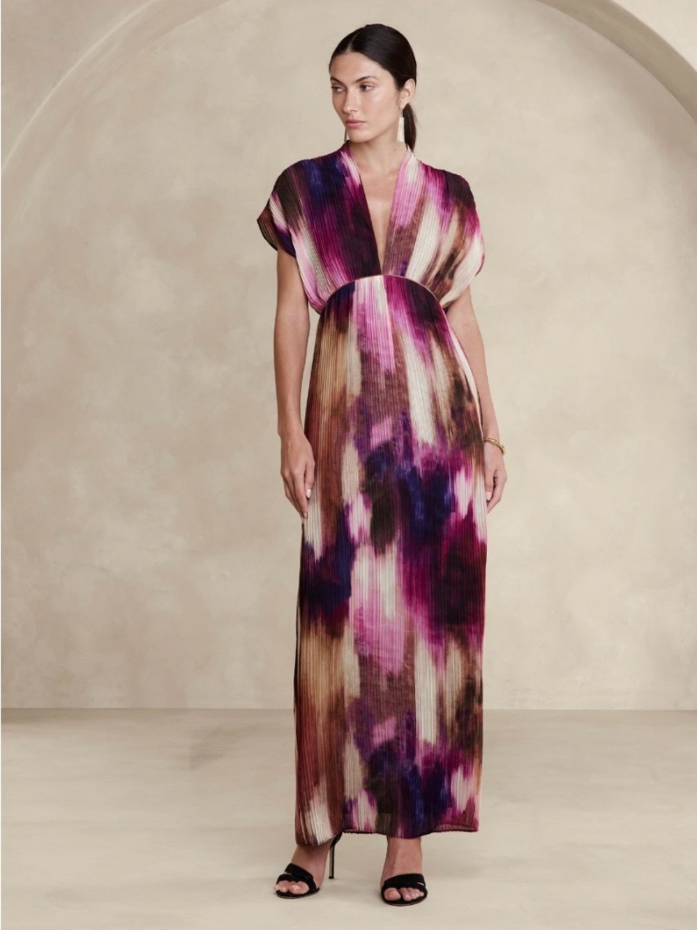 Banana Republic Pleated Maxi Dress in Pink, Purple, Brown and Cream